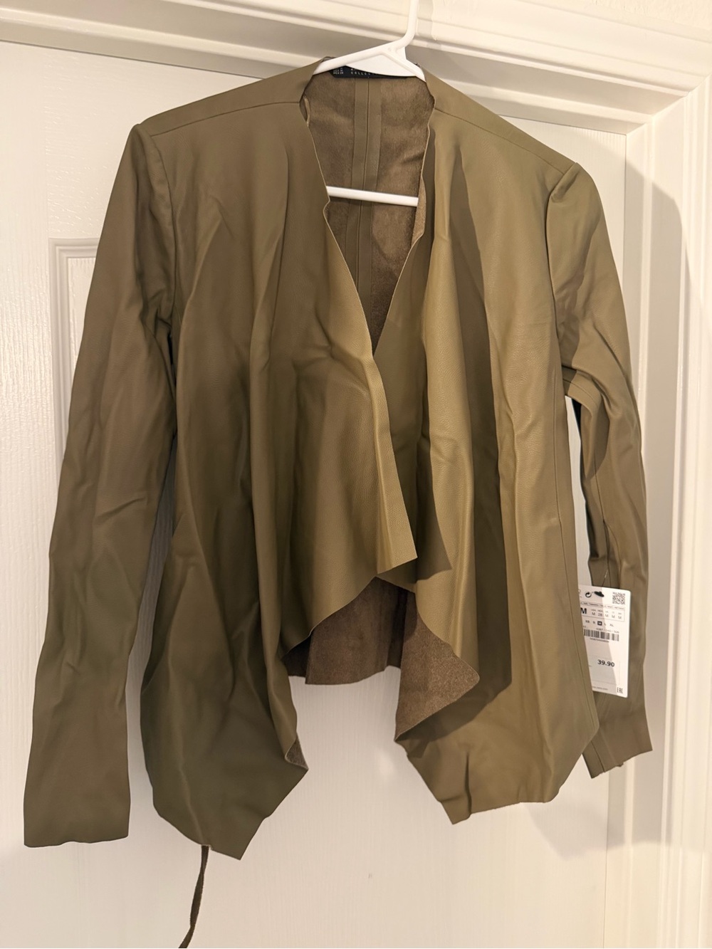 NWT Zara Faux Leather Drape Jacket Olive Green Size M Open Front Waterfall